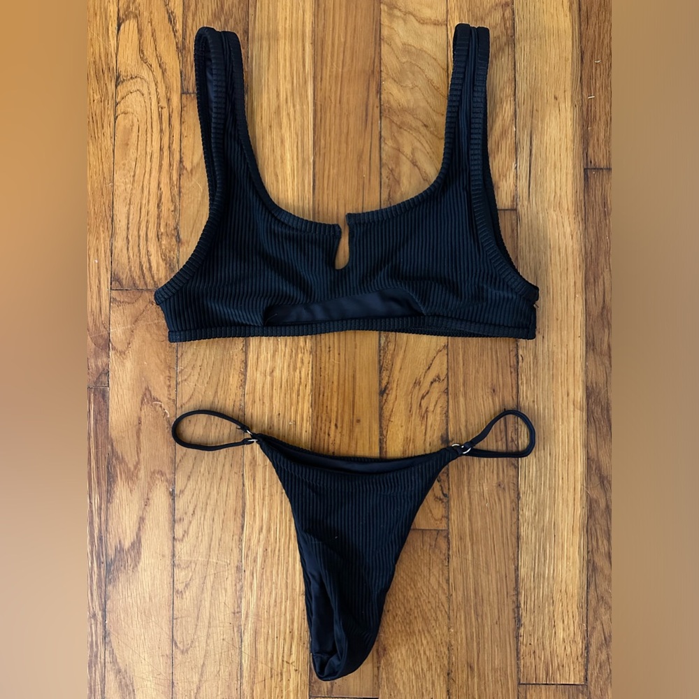 Frankie’s Bikinis black ribbed bikini set Cole Top and Sara thong bottom